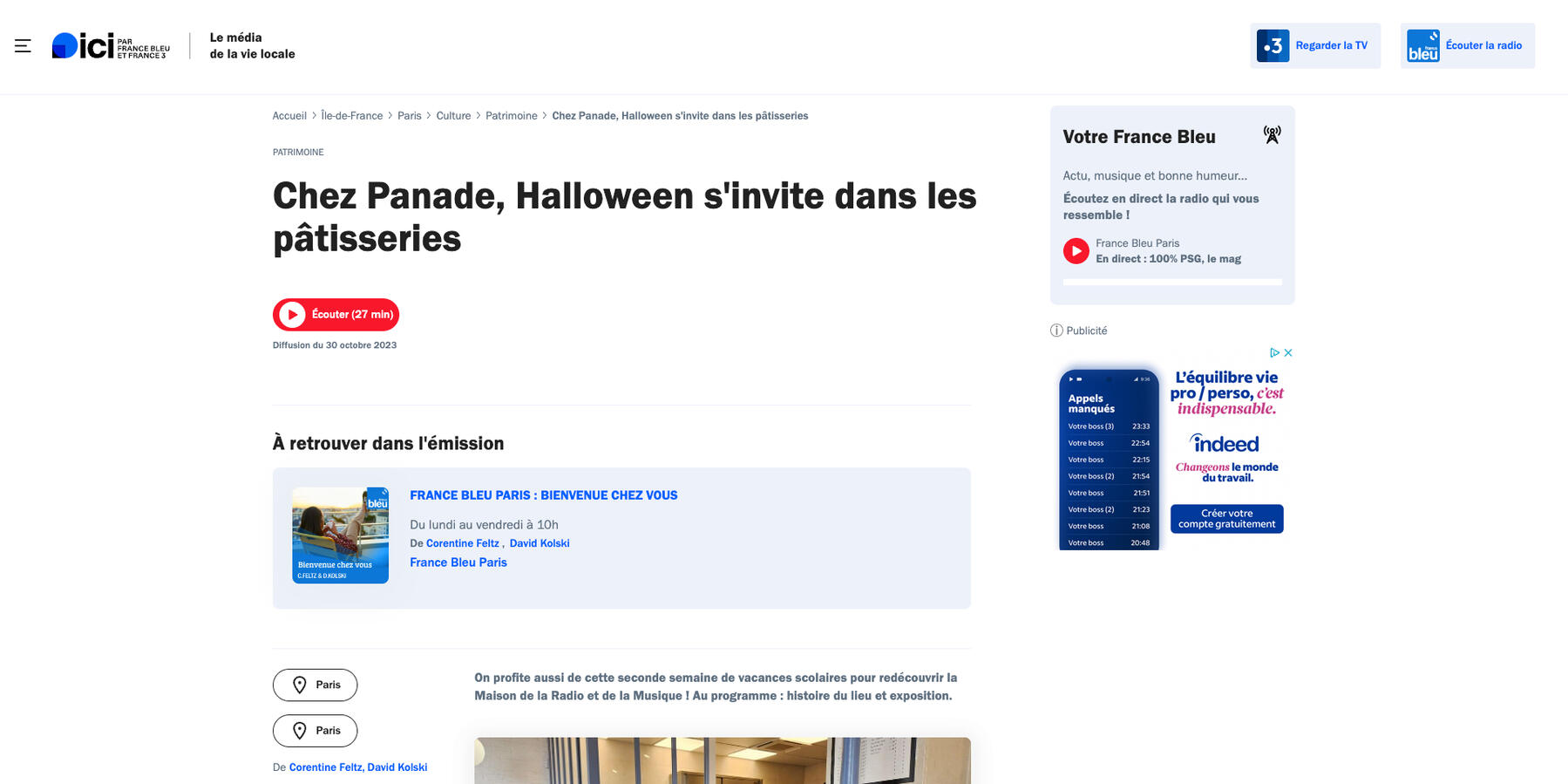 Article à propos de Panade Paris sur le site France Bleu